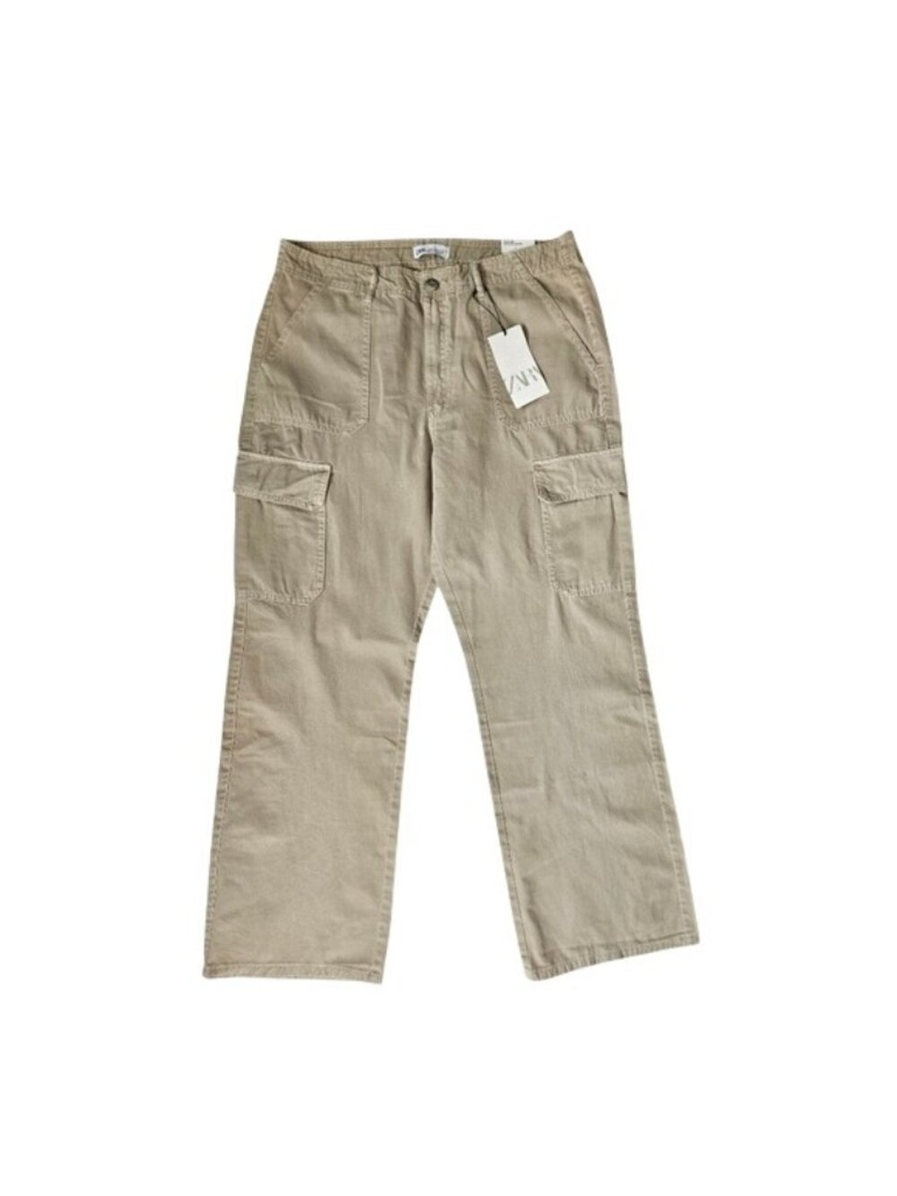 Zara Women’s Beige Cargo Pants Wide Leg Relaxed Fit Button Front Lightweight Cot